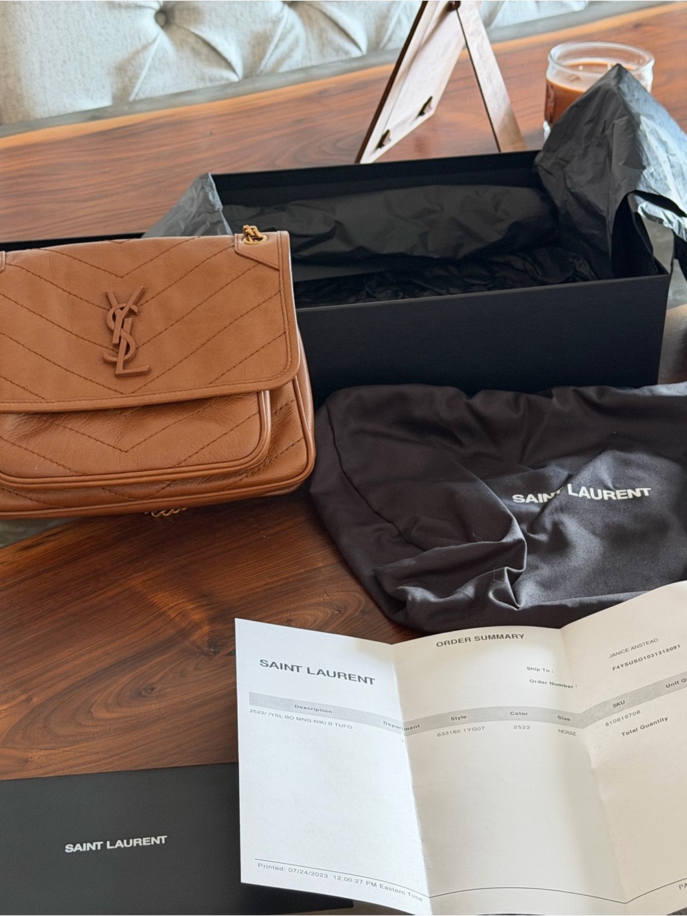 Saint Laurent Brown Leather Quilted Shoulder Bag with YSL Logo